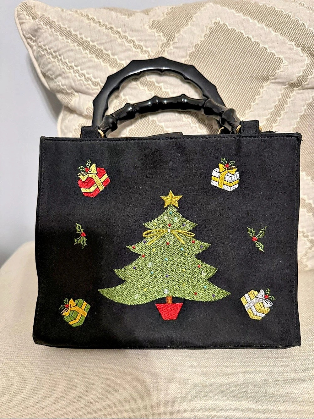 KIM ROGERS Christmas Tree Embroidered Bag Black & Red